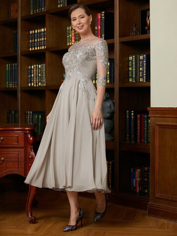 Victoria A-Line/Princess Chiffon Lace Scoop 3/4 Sleeves Tea-Length Mother of the Bride Dresses SWKP0020300