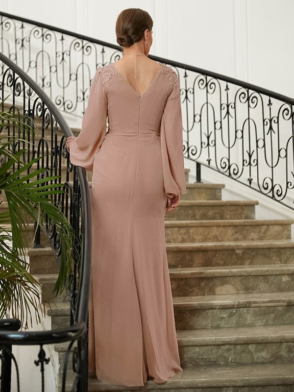 Shaniya A-Line/Princess Chiffon Applique V-neck Long Sleeves Floor-Length Mother of the Bride Dresses SWKP0020313