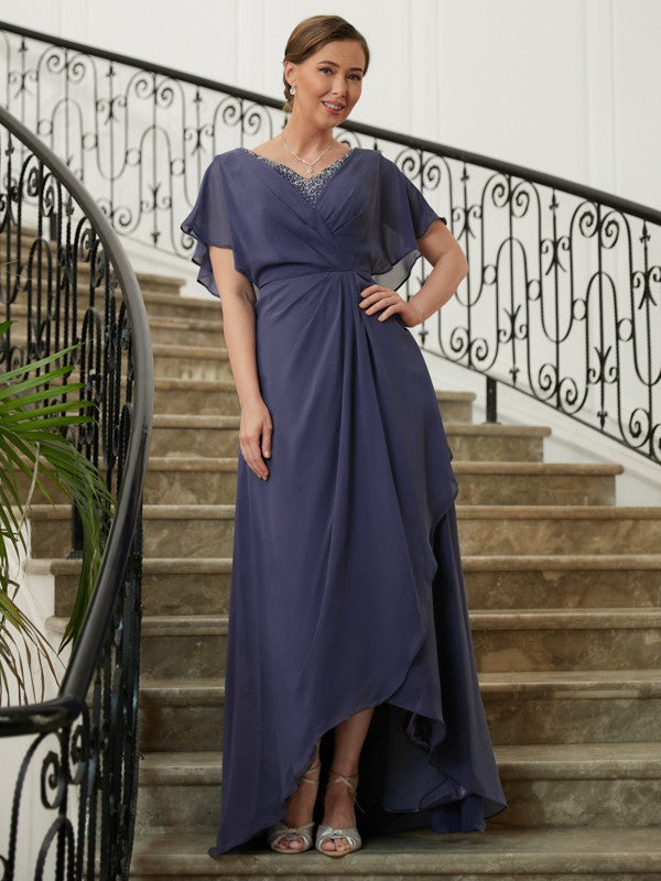 Allison A-Line/Princess Chiffon Beading V-neck Short Sleeves Asymmetrical Mother of the Bride Dresses SWKP0020312