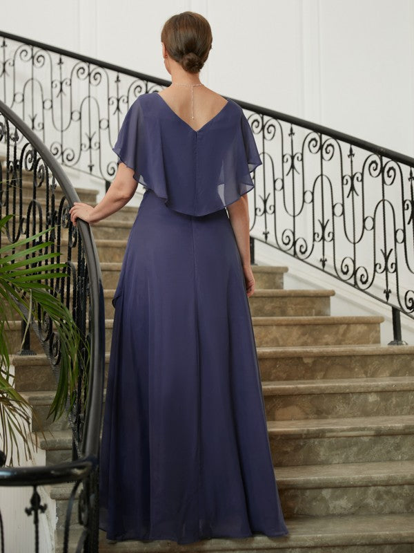 Allison A-Line/Princess Chiffon Beading V-neck Short Sleeves Asymmetrical Mother of the Bride Dresses SWKP0020312