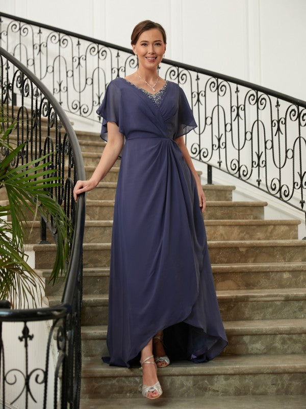 Allison A-Line/Princess Chiffon Beading V-neck Short Sleeves Asymmetrical Mother of the Bride Dresses SWKP0020312