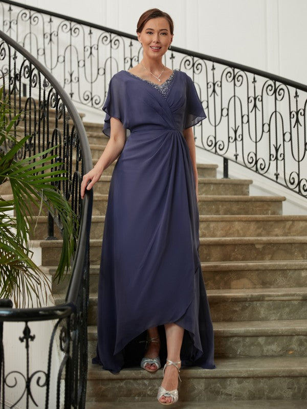 Allison A-Line/Princess Chiffon Beading V-neck Short Sleeves Asymmetrical Mother of the Bride Dresses SWKP0020312