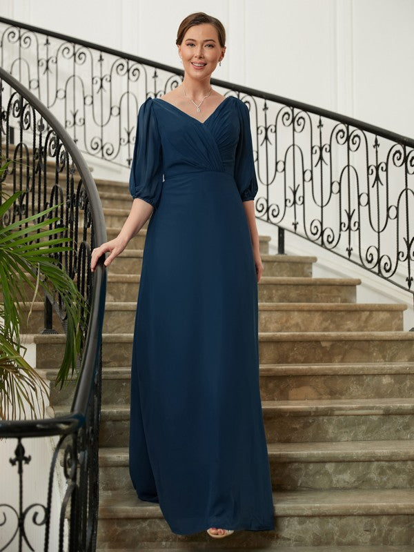 Riley A-Line/Princess Chiffon Ruched V-neck 1/2 Sleeves Floor-Length Mother of the Bride Dresses SWKP0020344