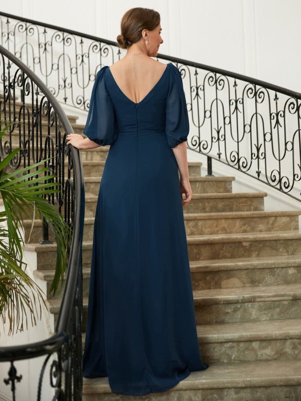 Riley A-Line/Princess Chiffon Ruched V-neck 1/2 Sleeves Floor-Length Mother of the Bride Dresses SWKP0020344