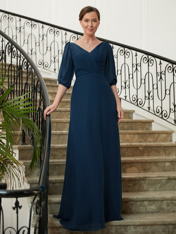 Riley A-Line/Princess Chiffon Ruched V-neck 1/2 Sleeves Floor-Length Mother of the Bride Dresses SWKP0020344