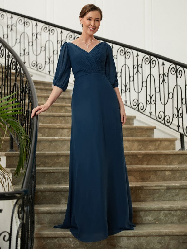 Riley A-Line/Princess Chiffon Ruched V-neck 1/2 Sleeves Floor-Length Mother of the Bride Dresses SWKP0020344