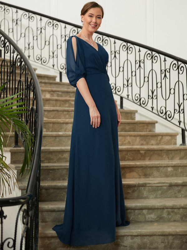 Riley A-Line/Princess Chiffon Ruched V-neck 1/2 Sleeves Floor-Length Mother of the Bride Dresses SWKP0020344