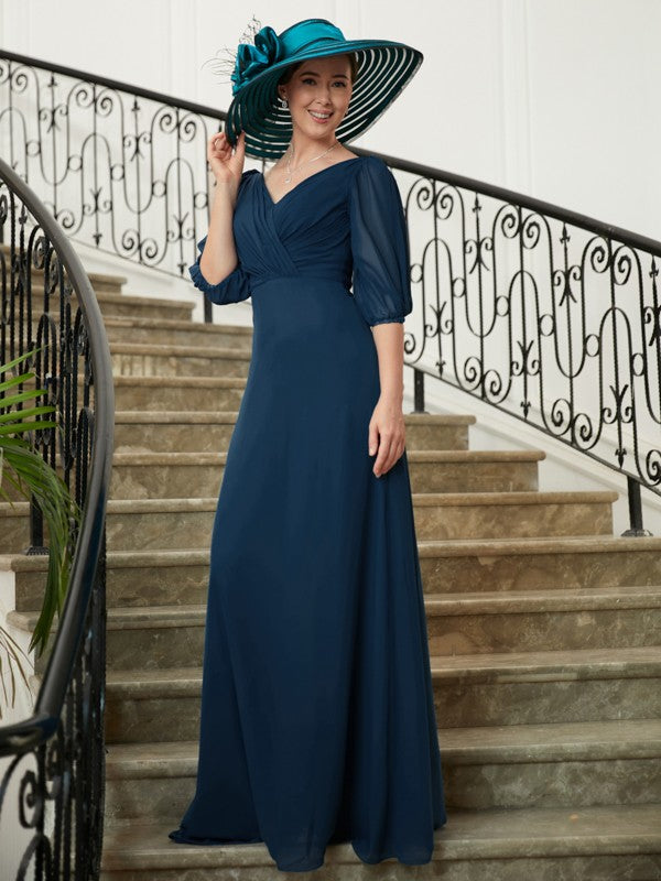 Riley A-Line/Princess Chiffon Ruched V-neck 1/2 Sleeves Floor-Length Mother of the Bride Dresses SWKP0020344