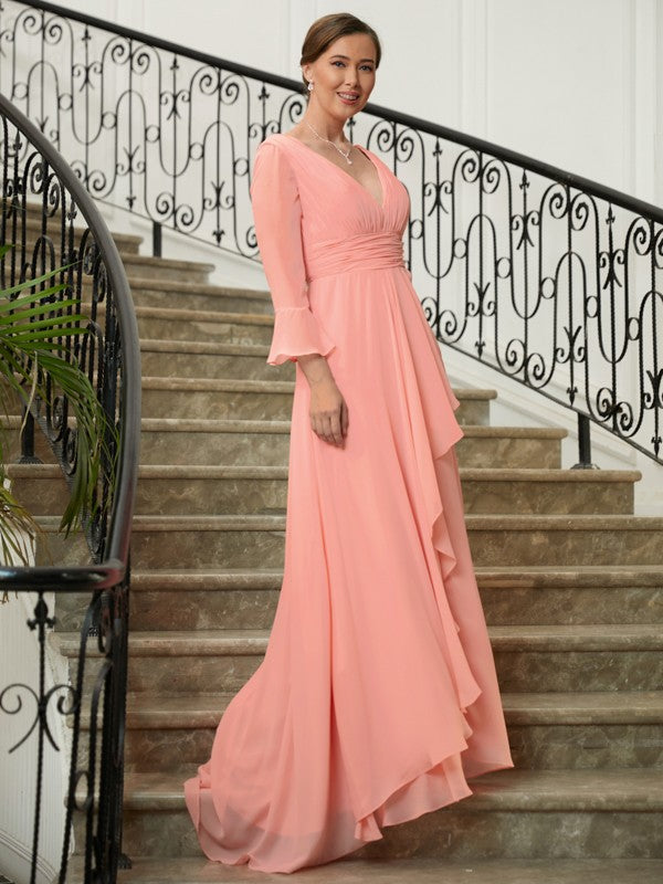 Paisley A-Line/Princess Chiffon Ruched V-neck Long Sleeves Sweep/Brush Train Mother of the Bride Dresses SWKP0020305