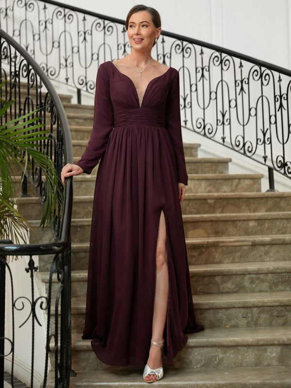 Kendall A-Line/Princess Chiffon Ruched V-neck Long Sleeves Floor-Length Mother of the Bride Dresses SWKP0020345