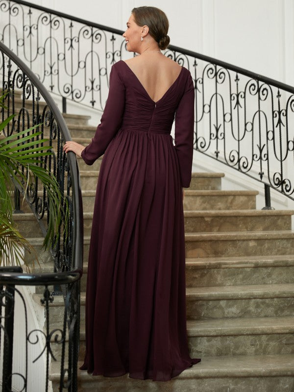 Kendall A-Line/Princess Chiffon Ruched V-neck Long Sleeves Floor-Length Mother of the Bride Dresses SWKP0020345