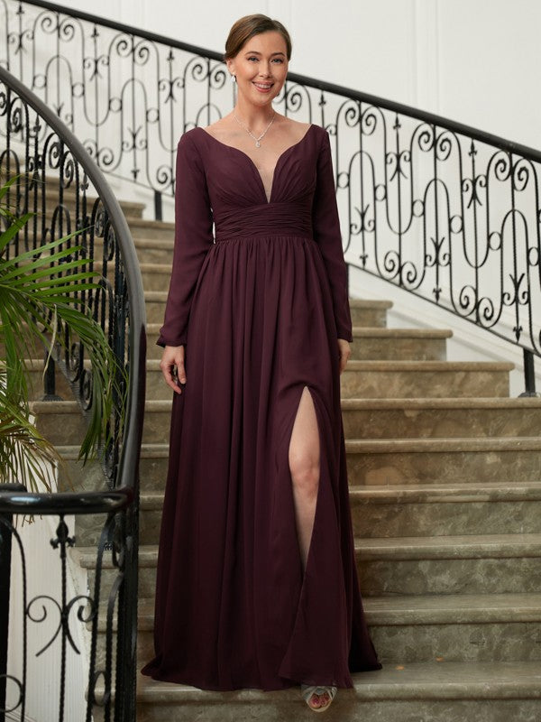 Kendall A-Line/Princess Chiffon Ruched V-neck Long Sleeves Floor-Length Mother of the Bride Dresses SWKP0020345