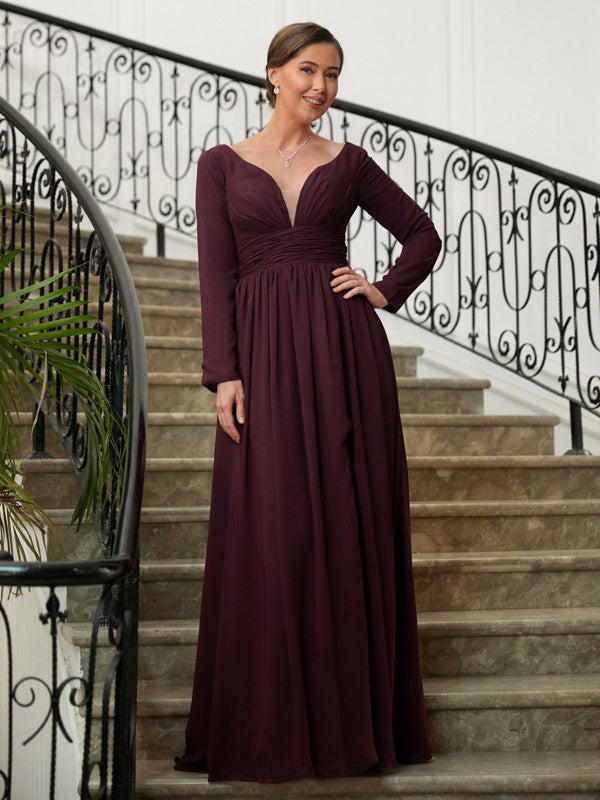 Kendall A-Line/Princess Chiffon Ruched V-neck Long Sleeves Floor-Length Mother of the Bride Dresses SWKP0020345