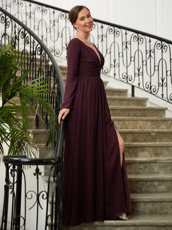 Kendall A-Line/Princess Chiffon Ruched V-neck Long Sleeves Floor-Length Mother of the Bride Dresses SWKP0020345