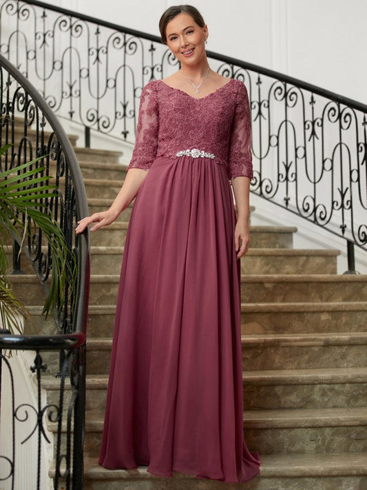 Camilla A-Line/Princess Chiffon Lace V-neck 3/4 Sleeves Floor-Length Mother of the Bride Dresses SWKP0020306