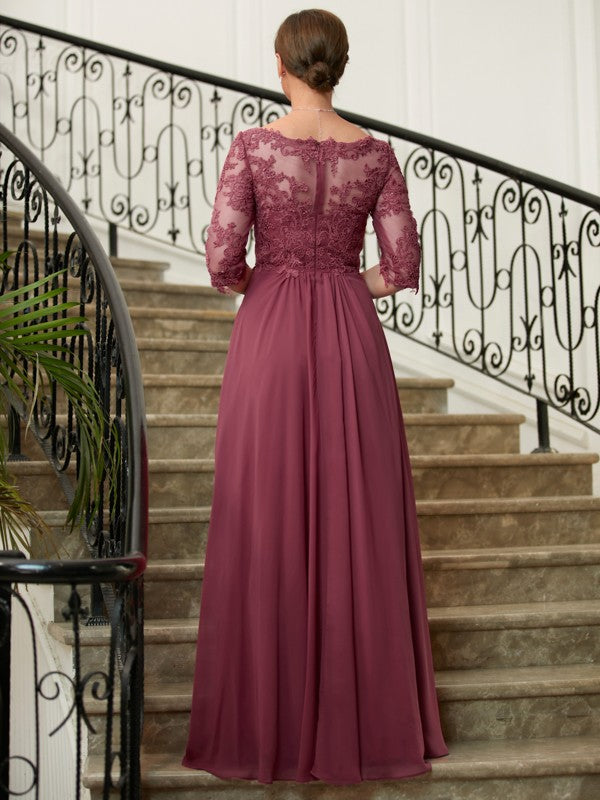 Camilla A-Line/Princess Chiffon Lace V-neck 3/4 Sleeves Floor-Length Mother of the Bride Dresses SWKP0020306