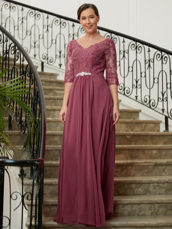 Camilla A-Line/Princess Chiffon Lace V-neck 3/4 Sleeves Floor-Length Mother of the Bride Dresses SWKP0020306