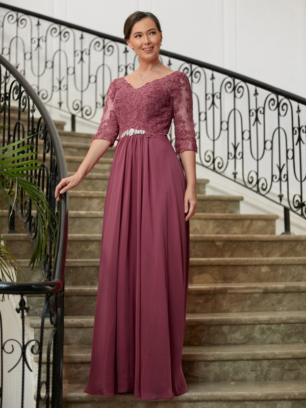 Camilla A-Line/Princess Chiffon Lace V-neck 3/4 Sleeves Floor-Length Mother of the Bride Dresses SWKP0020306