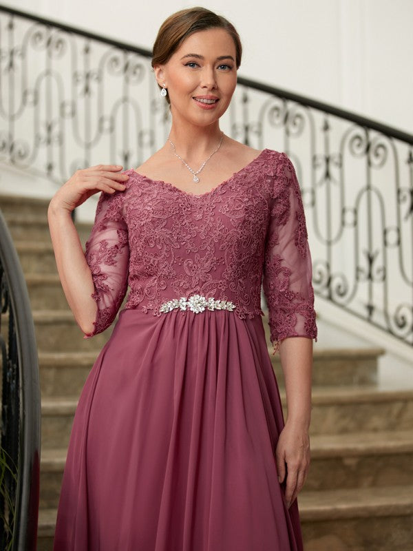 Camilla A-Line/Princess Chiffon Lace V-neck 3/4 Sleeves Floor-Length Mother of the Bride Dresses SWKP0020306