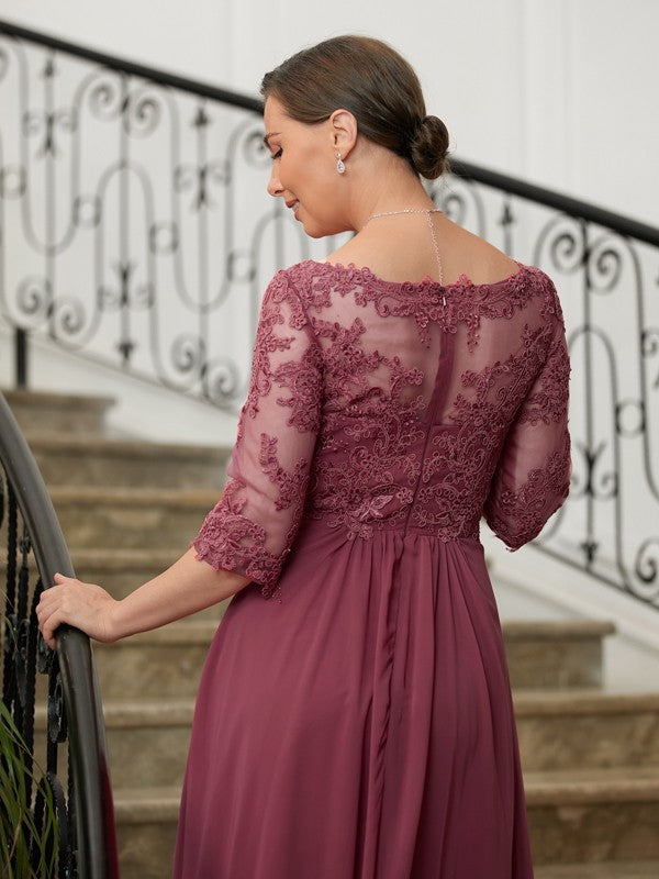 Camilla A-Line/Princess Chiffon Lace V-neck 3/4 Sleeves Floor-Length Mother of the Bride Dresses SWKP0020306