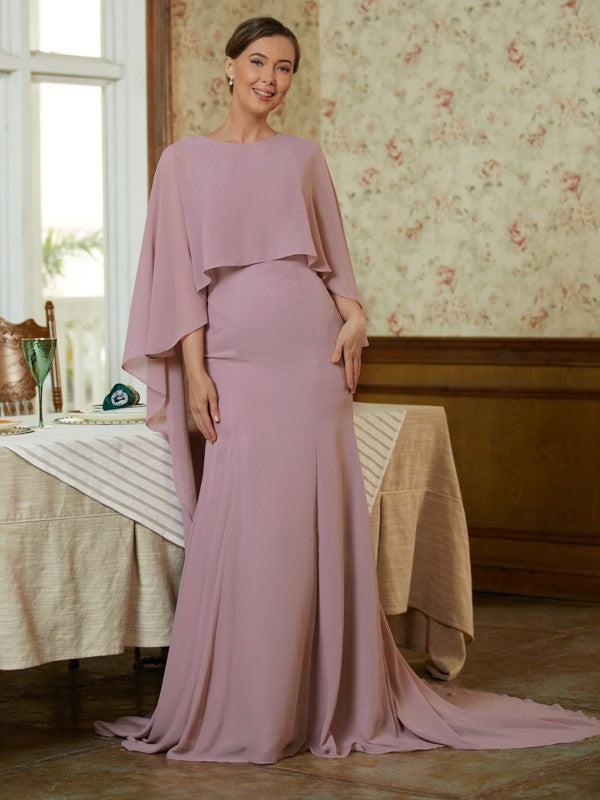 Fatima Sheath/Column Chiffon Ruffles Scoop Long Sleeves Sweep/Brush Train Mother of the Bride Dresses SWKP0020360