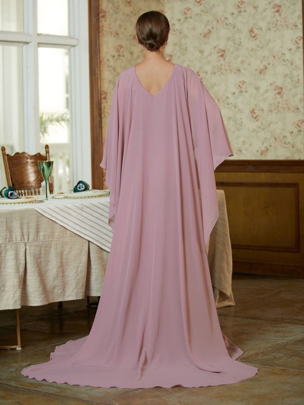 Fatima Sheath/Column Chiffon Ruffles Scoop Long Sleeves Sweep/Brush Train Mother of the Bride Dresses SWKP0020360