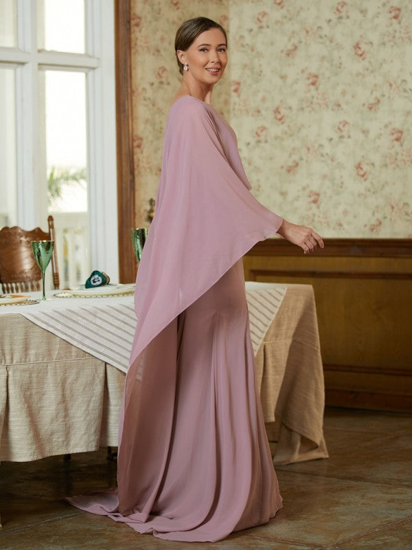 Fatima Sheath/Column Chiffon Ruffles Scoop Long Sleeves Sweep/Brush Train Mother of the Bride Dresses SWKP0020360