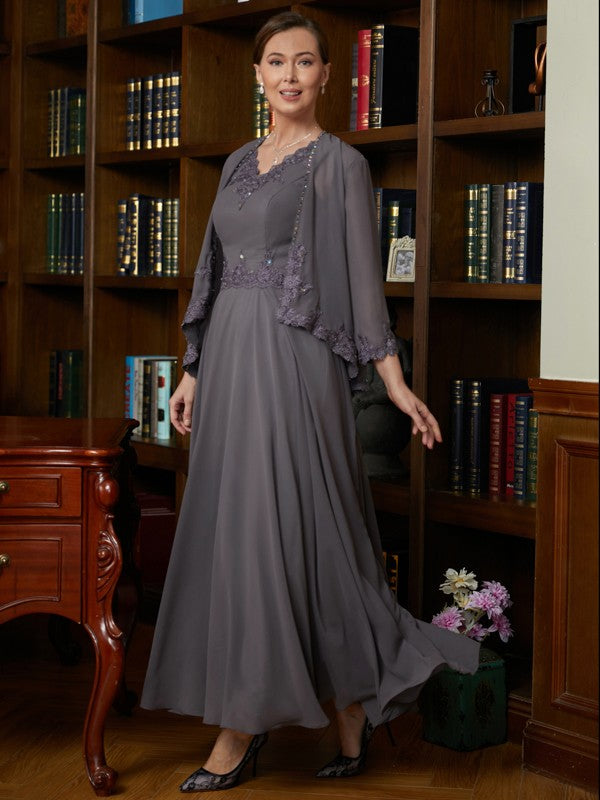 Leticia A-Line/Princess Chiffon Applique V-neck Sleeveless Ankle-Length Mother of the Bride Dresses SWKP0020365