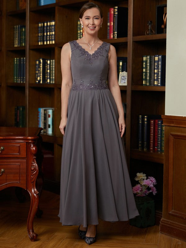 Leticia A-Line/Princess Chiffon Applique V-neck Sleeveless Ankle-Length Mother of the Bride Dresses SWKP0020365