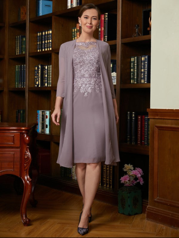 Elyse Sheath/Column Chiffon Lace Scoop Short Sleeves Knee-Length Mother of the Bride Dresses SWKP0020316