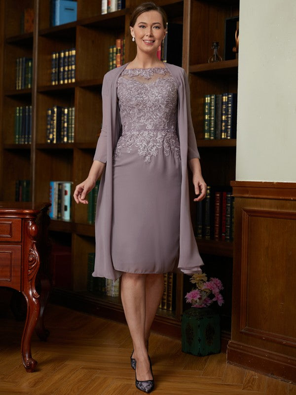 Elyse Sheath/Column Chiffon Lace Scoop Short Sleeves Knee-Length Mother of the Bride Dresses SWKP0020316