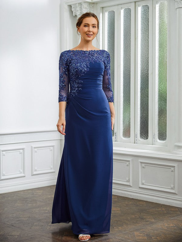 Isis Sheath/Column Chiffon Applique Bateau 3/4 Sleeves Floor-Length Mother of the Bride Dresses SWKP0020280