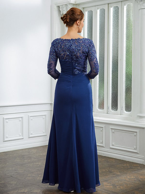 Isis Sheath/Column Chiffon Applique Bateau 3/4 Sleeves Floor-Length Mother of the Bride Dresses SWKP0020280