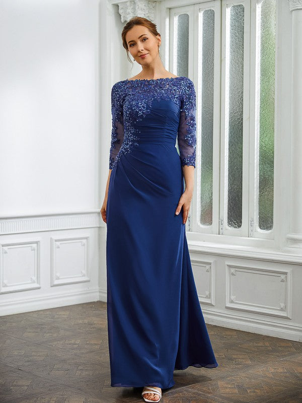 Isis Sheath/Column Chiffon Applique Bateau 3/4 Sleeves Floor-Length Mother of the Bride Dresses SWKP0020280