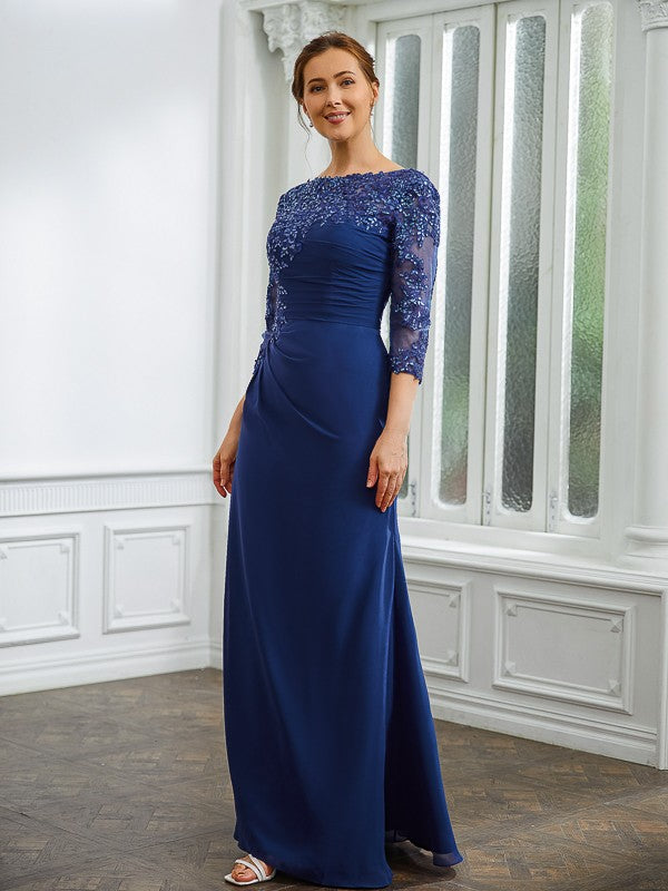 Isis Sheath/Column Chiffon Applique Bateau 3/4 Sleeves Floor-Length Mother of the Bride Dresses SWKP0020280