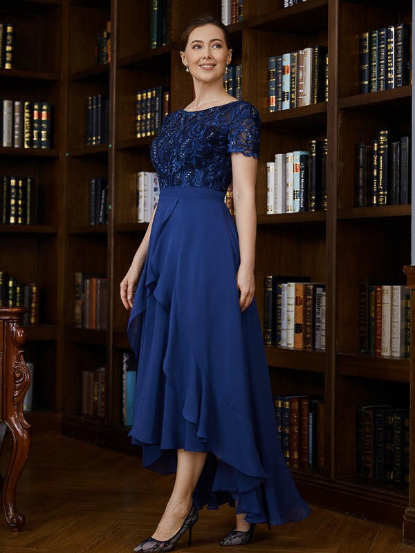 Claire A-Line/Princess Chiffon Applique Bateau Short Sleeves Asymmetrical Mother of the Bride Dresses SWKP0020281