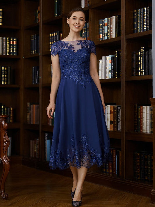 Miah A-Line/Princess Chiffon Applique Bateau Short Sleeves Tea-Length Mother of the Bride Dresses SWKP0020275