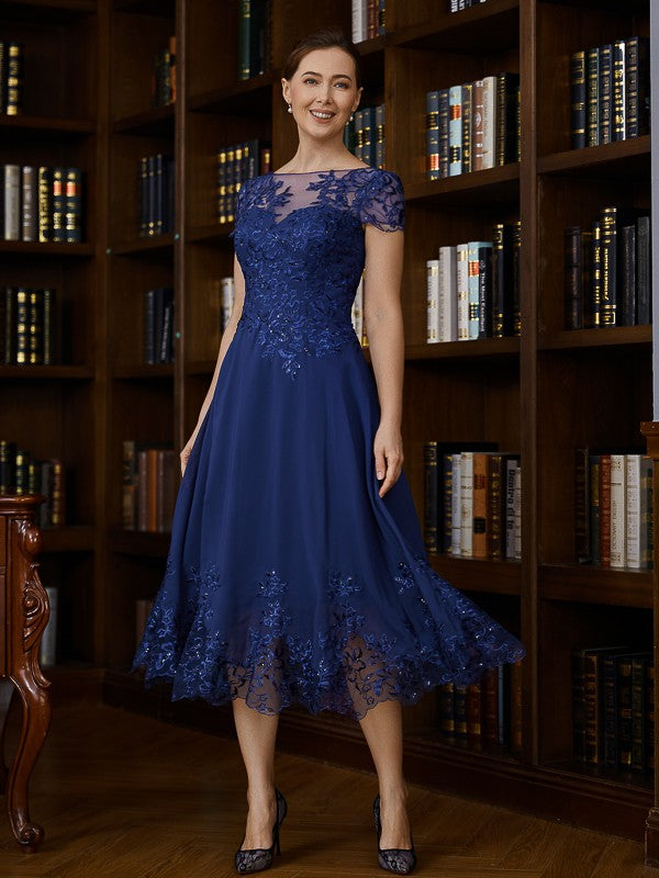 Miah A-Line/Princess Chiffon Applique Bateau Short Sleeves Tea-Length Mother of the Bride Dresses SWKP0020275