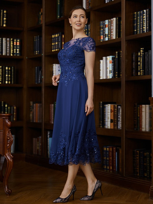 Miah A-Line/Princess Chiffon Applique Bateau Short Sleeves Tea-Length Mother of the Bride Dresses SWKP0020275