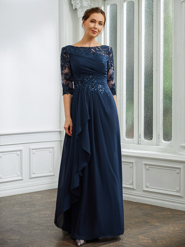 Vivienne A-Line/Princess Chiffon Applique Bateau 3/4 Sleeves Floor-Length Mother of the Bride Dresses SWKP0020276