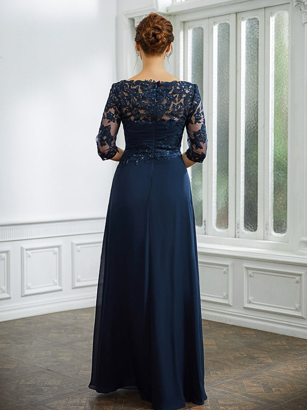 Vivienne A-Line/Princess Chiffon Applique Bateau 3/4 Sleeves Floor-Length Mother of the Bride Dresses SWKP0020276