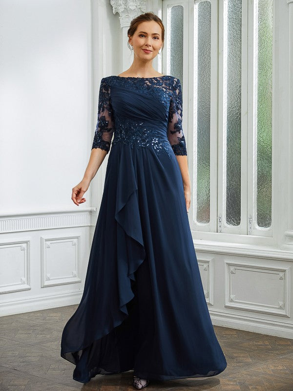 Vivienne A-Line/Princess Chiffon Applique Bateau 3/4 Sleeves Floor-Length Mother of the Bride Dresses SWKP0020276