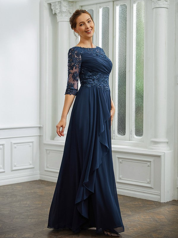 Vivienne A-Line/Princess Chiffon Applique Bateau 3/4 Sleeves Floor-Length Mother of the Bride Dresses SWKP0020276