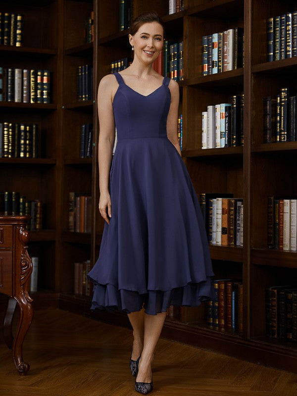 Maribel A-Line/Princess Chiffon Ruched V-neck Sleeveless Tea-Length Mother of the Bride Dresses SWKP0020277