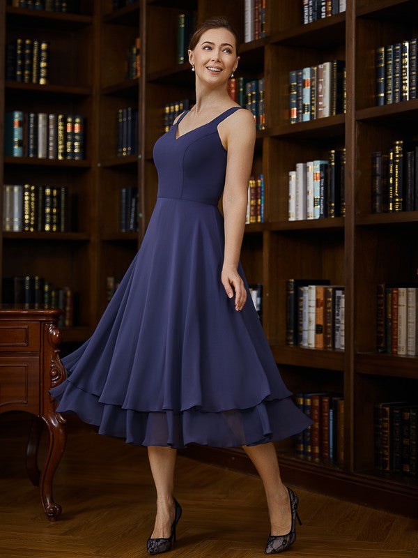 Maribel A-Line/Princess Chiffon Ruched V-neck Sleeveless Tea-Length Mother of the Bride Dresses SWKP0020277