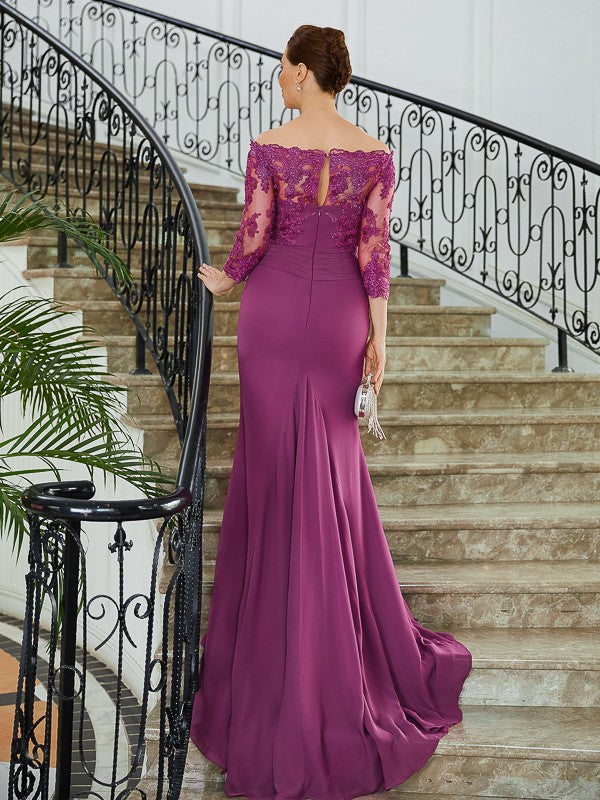 Taniya Sheath/Column Chiffon Applique Off-the-Shoulder 3/4 Sleeves Sweep/Brush Train Mother of the Bride Dresses SWKP0020278