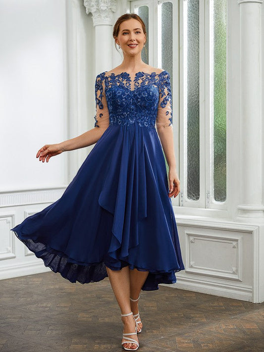 Tania A-Line/Princess Chiffon Applique Bateau 1/2 Sleeves Tea-Length Mother of the Bride Dresses SWKP0020279