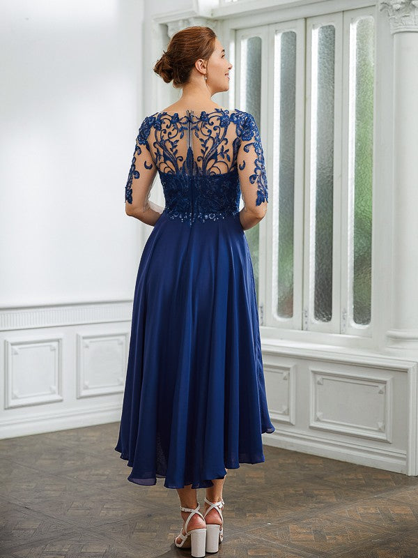 Tania A-Line/Princess Chiffon Applique Bateau 1/2 Sleeves Tea-Length Mother of the Bride Dresses SWKP0020279