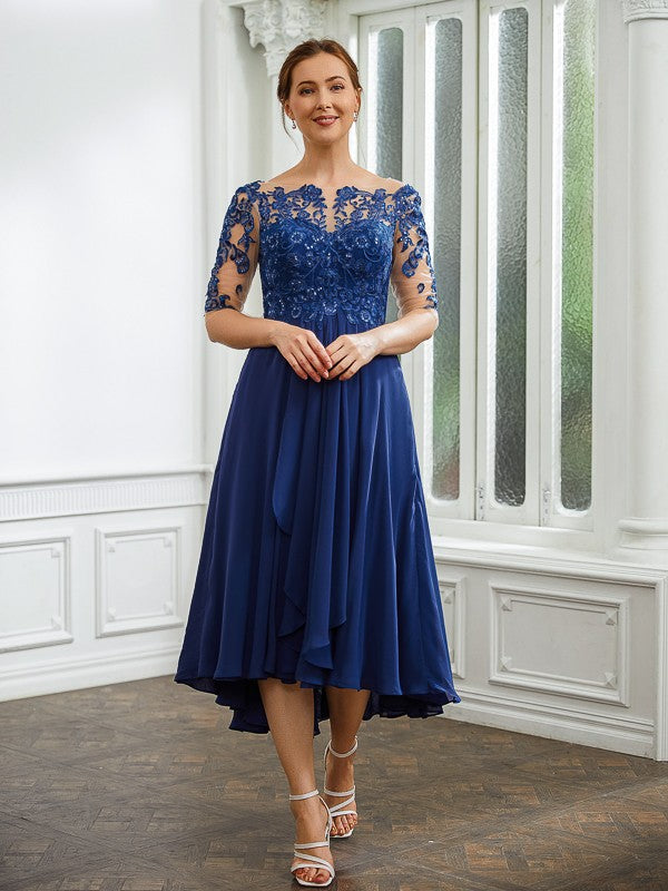 Tania A-Line/Princess Chiffon Applique Bateau 1/2 Sleeves Tea-Length Mother of the Bride Dresses SWKP0020279