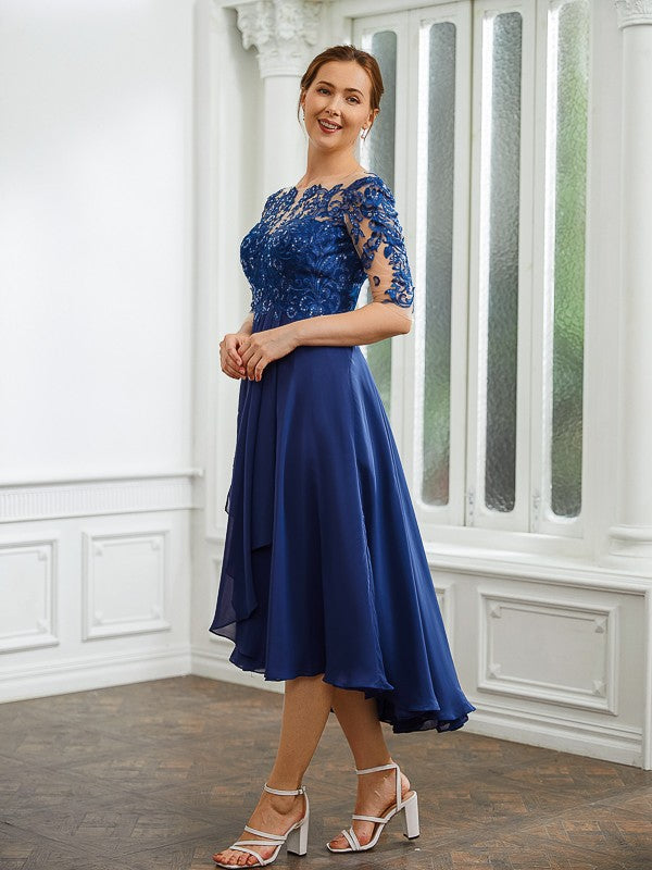 Tania A-Line/Princess Chiffon Applique Bateau 1/2 Sleeves Tea-Length Mother of the Bride Dresses SWKP0020279